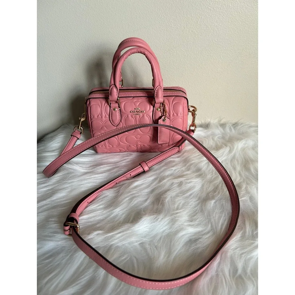 Coach Mini Rowan Light Blush Signature‎ Embossed Leather Satchel NWT